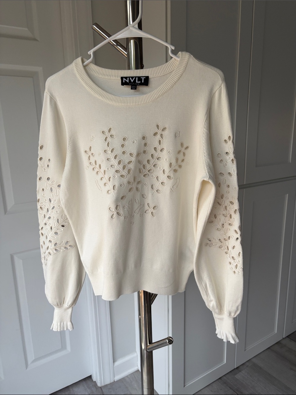 NVLT Cream Scoop Neck Sweater with Eyelet details, Size S.